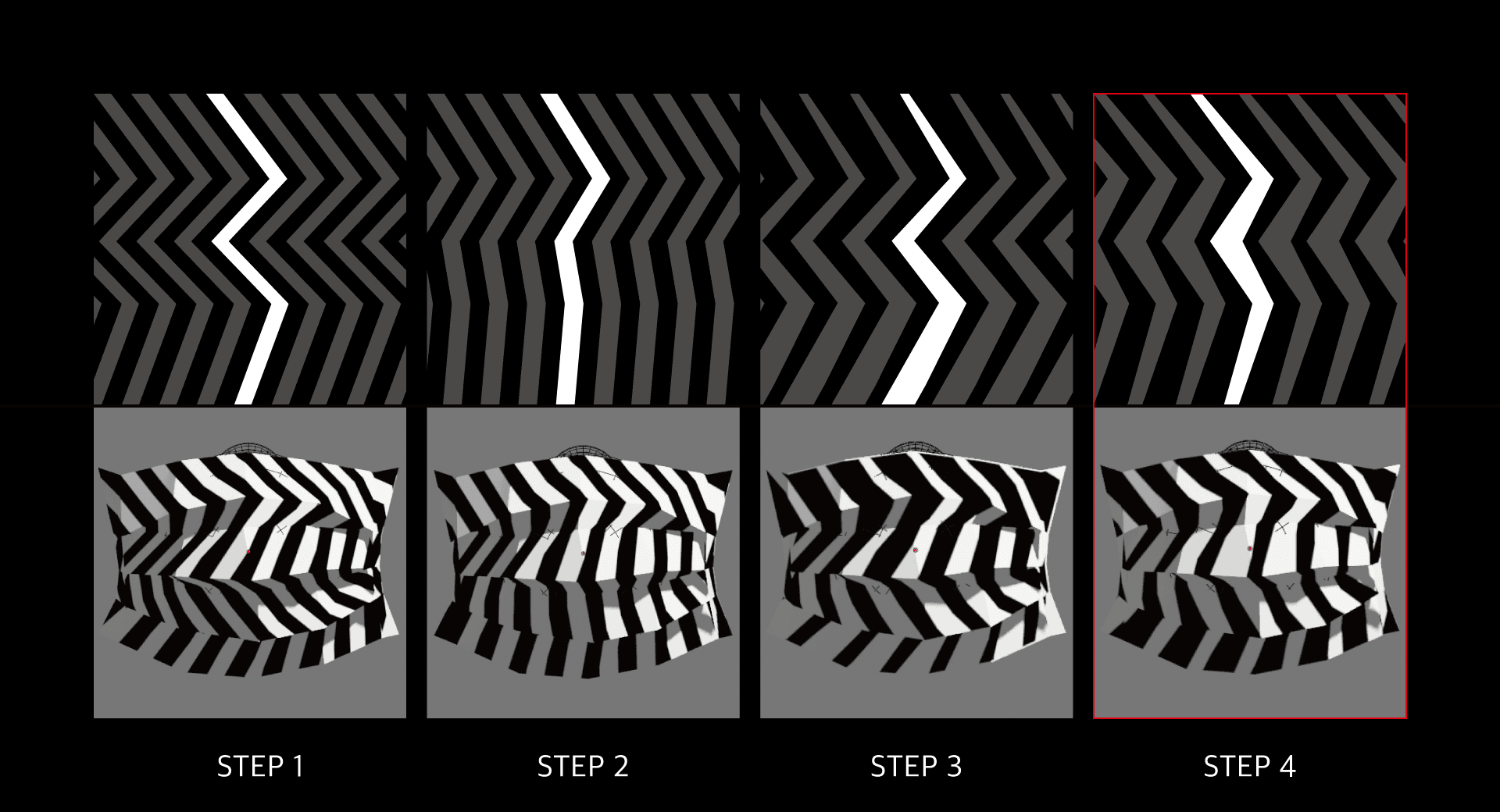
STEP 1) 出発時点の柄です。相対的に立体感が乏しく、やや平板な印象です。

STEP 2) マスク下部での折れ線の不連続を解消するため、柄の下端の折れ角度を小さくしました。

STEP 3) オリジナルのロゴのように、折れ線の太さを下にいくほど太くしました。陽炎や炎のような、立ち昇るイメージを感じさせます。

STEP 4) 折れ線の太さがいったん太くなり、再び細くなるようにして、立体感を最大化しました。